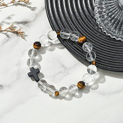 Прозрачный 8 Круглые натуральные кварцевые кристаллы, тигровый глаз и окрашенная синтетическая бирюза, черные крестообразные браслеты из бусин для женщин и мужчин, прозрачные, внутренний диаметр: 2.05 дюйм (5.2 см)