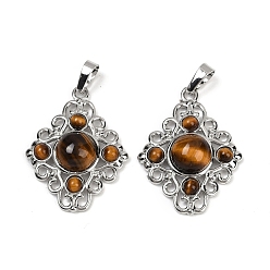 Тигровый глаз Природных тигровый глаз подвески, ромбовидные подвески с латунной фурнитурой, стойки покрытие, платина, 35.5x27x7.5 мм, отверстие : 8.5x4.5 мм