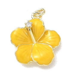 Gold Brass Micro Pave Clear Cubic Zirconia Pendants, with Enamel, Flower Charms, Rack Plating, Long-Lasting Plated, Cadmium Free & Lead Free, Real 18K Gold Plated, Gold, 21.5x19x4.5mm, Hole: 3mm