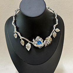 Platinum Alloy Crystal Rhinestone & Resin Blue Evil Eye Rose Flower Hinged Open Cuff Choker Necklaces for Women, Platinum, 11.81~15.75 inch(30~40cm)