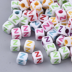 Letter Z Белые непрозрачные акриловые бусины, горизонтальное отверстие, куб с разноцветными буквами, letter.z, 5x5x5 мм, отверстие : 2 мм, Около 5000 шт / 500 г