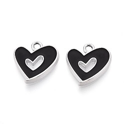 Черный Подвески из эмали и сплава, шарма сердца, платина, чёрные, 16x15x2 мм, отверстие : 1.8~2 мм