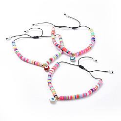 Mixed Color Adjustable Nylon Thread Braided Beads Bracelets, with Polymer Clay Heishi Beads, Round Glass Seed Beads/Heishi Beads, Brass Beads and Flower Brass Enamel Charms, Mixed Color, 1-3/8 inch~2-7/8 inch(3.5~7.4cm), 3.5mm