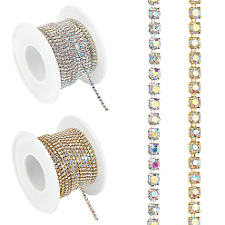Crystal AB 2Rolls 2 Colors Brass Rhinestone Strass Chains, with Spool, Rhinestone Cup Chains, Platinum & Golden, 2mm, about 10yards/roll, 1roll/color