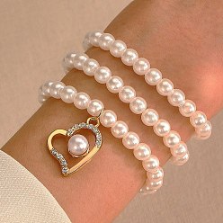 Heart 3Pcs 3 Style Natural Pearl Stretch Bracelets Set, Stackable Bracelets with Alloy Charms, Heart, Inner Diameter: 2-3/8 inch(6cm), 1Pc/style