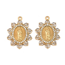 Crystal 304 Stainless Steel Rhinestone Pendants, Flower with Virgin Mary Charms, Ion Plating(IP), Real 18K Gold Plated, Crystal, 26.5x20x3mm, Hole: 1.7mm