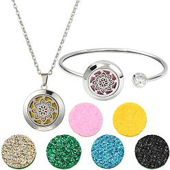 Цветок 1 браслеты-манжеты из нержавеющей стали с открытыми концами и 1 ожерелье с подвеской из нержавеющей стали с поликарбонатом, с 10 шт. блестящих волокнистых парфюмерных подушечек, цветок, 2-1/4x2-1/2 дюйм (5.55x6.3 см)