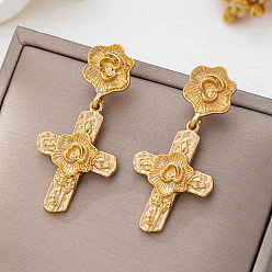 Золотой Винтажные серьги-гвоздики из цинкового сплава, крест с цветком, золотые, 50x24 мм