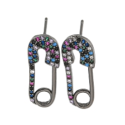 Black Rack Plating Brass Micro Pave Clear Cubic Zirconia Stud Earring, Cadmium Free & Lead Free, Long-Lasting Plated, Brooch, Black, 22x9mm