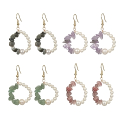 Mixed Stone 4Pcs 4 Style Natural Mixed Gemstone & Shell Pearl Ring Dangle Earrings, 49~52x28.5~30mm, 1 Pair/style