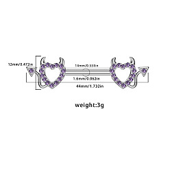 Сердце 316l Кольца для сосков из хирургической нержавеющей стали с фиолетовым кубическим цирконием, цвет нержавеющей стали, злое сердце, 14 мм