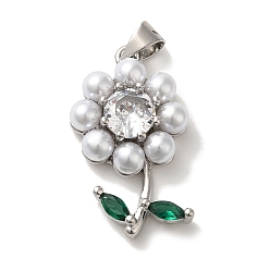 Платина Стойка для цветов покрытие латунь прозрачное стекло подвески, с имитацией жемчужина бисера, без кадмия и без свинца, долговечный, платина, 24.5x14.5x5.5 мм, отверстие : 5x3.5 мм