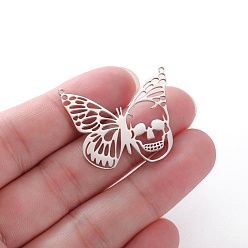 Нержавеющая Сталь Цвет Шкентели нержавеющей стали, бабочка с черепом, цвет нержавеющей стали, 30x34 мм