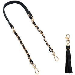 Black 1Pc Imitation Leather Alloy Purse Chains, with 1Pc PU Leather Tassel Pendants, Golden, Black, 62.9x1.8cm