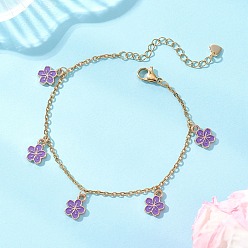 Фиолетовый Сплав эмали шарм браслеты, 304 браслеты из нержавеющей стали с цепочками для женщин, золотые, фиолетовые, 7.32 дюйм (18.6 см)