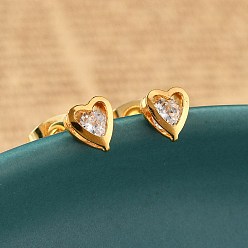 Сердце 304 серьги-гвоздики из нержавеющей стали с прозрачным фианитом, реальный 18 k позолоченный, сердце, 5.5x5 мм