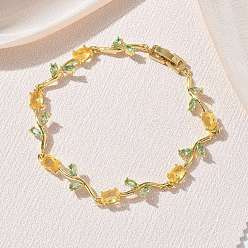 Colorido Pulseras de eslabones de flores de latón y cristal, chapado en rack, larga duración plateado, sin plomo y el cadmio, real 18 k chapado en oro, colorido, 8.11 pulgada (20.6 cm)