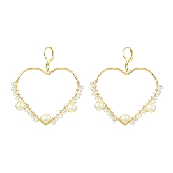 Золотой Латунь Leverback серьги, со стеклянными бусинами и 304 фурнитурой для сережек с рычагом из нержавеющей стали, сердце, золотые, 68x50 мм