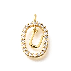 Letter U Латунные микро проложить кубического циркония подвески, без кадмия, без никеля и без свинца, реальный 18 k позолоченный, овал с подвесками в виде букв, Буква U, 18.5x11x3.5 мм, отверстие : 2x1.5 мм