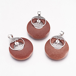 Камень с Пылевым Золотом Синтетические голдстоуновские подвески, с латунной фурнитурой платинового цвета, плоские круглые с дерева жизни, 32x28x6 мм, отверстие : 4x5 мм