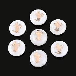 Козерог Естественных пресноводных стеклянные бусы, с позолоченными элементами из травленой латуни, плоские круглые с двенадцати созвездий, цвет морской раковины, Козерог, 11~12x4~6 мм, отверстие : 0.5~0.9 мм