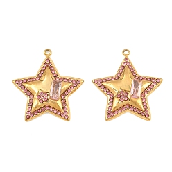Rosa Claro 304 Colgantes del rhinestone del acero inoxidable, estrella con dijes rectangulares, revestimiento de iones (ip), real 18 k chapado en oro, rosa luz, 23x21x3.5 mm, agujero: 1.4 mm