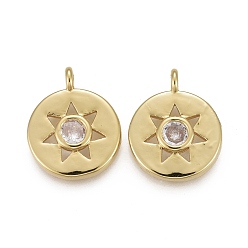 Настоящее золото 18K Латунные микропаве прозрачные подвески с фианитом, долговечный, плоские круглые со звездой, реальный 18 k позолоченный, 15x12x3.5 мм, отверстие : 2 мм