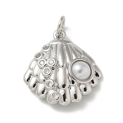 Платина Латунные микропаве прозрачные подвески с фианитом, с пластиком и кольцом для прыжков, подвески в форме ракушек, платина, 19x17.5x6.5 мм, отверстие : 3 мм