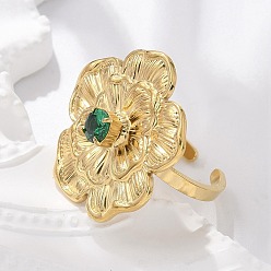 Настоящее золото 18K 304 из нержавеющей стали Манжета кольца для женщин, цветок, с кубического циркония, реальный 18 k позолоченный, 26.5x26 мм, внутренний диаметр: 18.5 мм