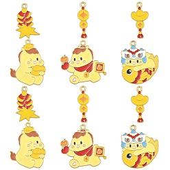 Mixed Shapes 24Pcs 6 Styles New Year's Day Alloy Enamel Pendants, Golden, Mixed Shapes, 24~31.5x8~28x1~1.5mm, Hole: 1.5~1.8mm, 4pcs/style