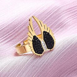 Настоящее золото 18K 304 кольца из нержавеющей стали со стразами, крылья, ионное покрытие (ip), реальный 18 k позолоченный, крылья: 20.5x15 мм, размер США 7 1/4 (17.5 мм)