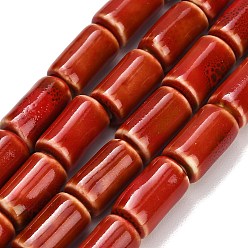 Red Handmade Porcelain Beads Strands, Bright Glazed Porcelain, Column, Red, 17x10mm, Hole: 2.8mm, about 21pcs/strand, 14.37''(36.5cm)