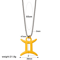 Близнецы Панк-стиль 304 Подвески из нержавеющей стали с изображением двенадцати созвездий и цепочками из нержавеющей стали в форме коробки, реальный 18 k позолоченный, Близнецы, 23.62 дюйм (60 см), Кулон : 47x39 мм