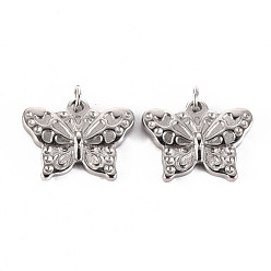 Stainless Steel Color Non-Tarnish 304 Stainless Steel Pendants, with Jump Rings, Butterfly, Stainless Steel Color, 16x20x3mm, Hole: 4mm