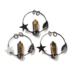 Тигровый глаз Большие подвески с граненой заостренной пулей и натуральным тигровым глазом, подвески из латуни со звездой, луной и прыгающими кольцами, Красная медь, 47~49x52.5x9.5~10 мм, отверстие : 6.6 мм