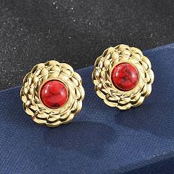 Золотой 201 плоские круглые серьги-гвоздики из нержавеющей стали, с 304 штифтами из нержавеющей стали, с синтетическими бирюзовый, ионное покрытие (ip), золотые, 24.5 мм