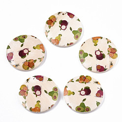 Seashell Color Fruit Seris Printed Wood Pendants, Flat Round with Mangosteen Pattern, Seashell Color, 50x5mm, Hole: 1.6mm