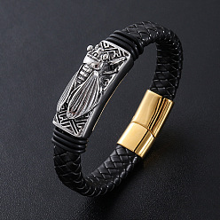 Античный Серебристый & Золотой Браслеты из плетеного шнура из искусственной кожи в стиле панк, 304 Браслеты с подвесками в виде цикад из нержавеющей стали для мужчин, с магнитной застежкой, старинное серебро & золотой, 8.27 дюйм (21 см)