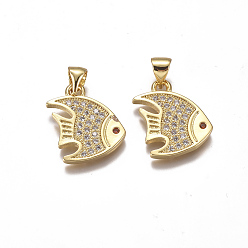 Золотой Латунные микропаве прозрачные подвески с фианитом, рыба, прозрачные, золотые, 17x16.5x1.7 мм, отверстие : 3x4 мм