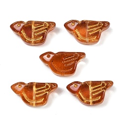 Сиена Гальванопокрытие и стеклянные бусины с золотым металлическим плетением, птица, цвет охры, 10x19.5x7 мм, отверстие : 1 мм