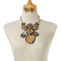 Цвет Древесины Комплекты украшений из сплава алюминия и акриловой смолы, включают серьги и ожерелья, цветок, деревесиные, Ожерелья: 400 mm, Серьги: 43 mm