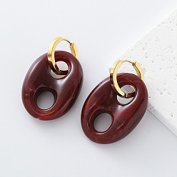 Dark Red Oval Resin Hoop Earrings for Women, with 304 Stainless Steel Ring, Dark Red, 40x29mm