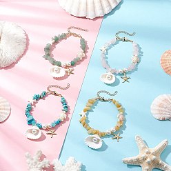 Смешанные камни 4шт. браслеты с подвесками из натурального топаза, нефрита, зеленого авантюрина, розового кварца и синтетической бирюзы, ракушка, морская звезда и черепаха, 7-1/2 дюйм (18.9 см) ~ 7-1/4 дюйм (18.5 см)