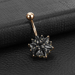 Черный Латунные кубические цирконии цветочные кольца для живота, с 316l хирургическими изогнутыми штифтами из нержавеющей стали, золотые, чёрные, 31x15 мм