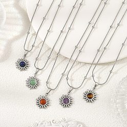 Stainless Steel Color Natural Mixed Stone 304 Stainless Steel Sun Pendant Satellite Chain Necklaces, Stainless Steel Color, 15.98 inch(40.6cm)