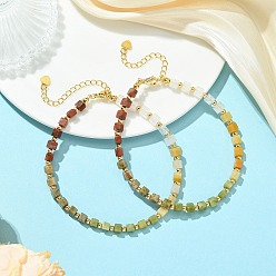 Golden Natural Unakite & Quartz Crystal & Chinese Southern Jade & Yellow Aventurine & Sesame Jasper & Brass Beaded Anklets, Cube, Golden, 8-3/4 inch(221mm)