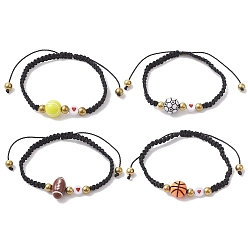 Mixed Color 4Pcs 4 Style Sport Theme Acylic & Alloy Braided Bead Bracelets Set, Nylon Thread Adjustable Bracelets, Mixed Color, Inner Diameter: 2-1/4~3-1/2 inch(5.5~9cm), 1Pc/style