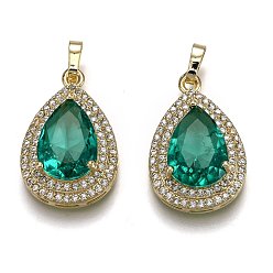 Весенне-зеленый Позолоченная латунь с микропаве из прозрачного кубического циркония, со стеклом, долговечный, с кнопкой на поруки, слеза, весенний зеленый, 24.5x16x7.5 мм, отверстие : 3x5 мм