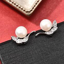Платина 925 серьги-гвоздики из стерлингового серебра с прозрачным кубическим цирконием в форме листа, с имитацией жемчужины из ракушки, платина, 9.5x14.5 мм
