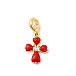 Золотой Латунь микропаве прозрачный кубический цирконий европейские подвески с подвесками, красные эмалевые кресты с большими отверстиями, долговечный, стойки покрытие, без кадмия и без свинца, золотые, 23.5 мм, отверстие : 4 мм